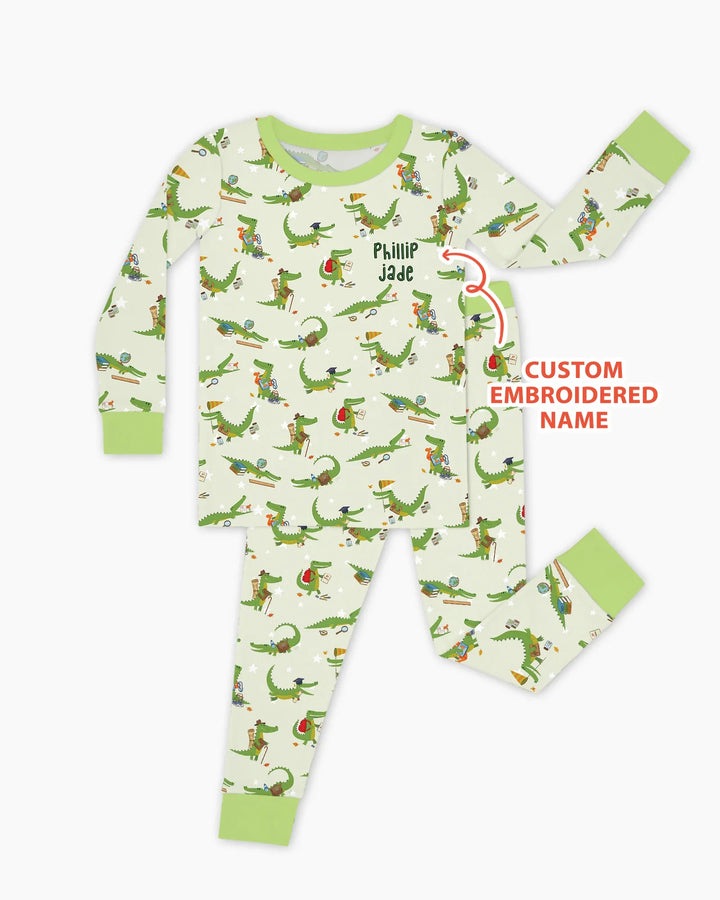 Pijama de dos piezas de bambú con caimán bordado y nombre personalizado de manga larga