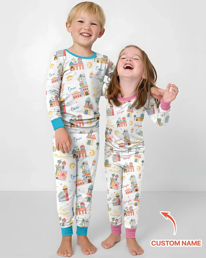 Eid Mubarak Custom Name Two Piece Long Sleeve Pajama Set