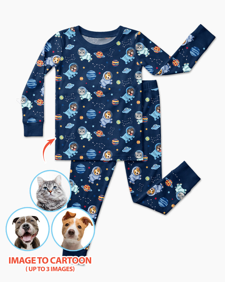 Astronaut Custom Pet Image Family Matching Bamboo Two Piece Long Sleeve Pajama Set