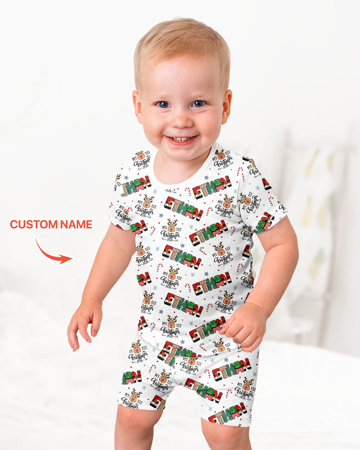Custom Name My First Christmas 2026 Bamboo Two Piece Short Sleeve Shorts Pajama Set (G)