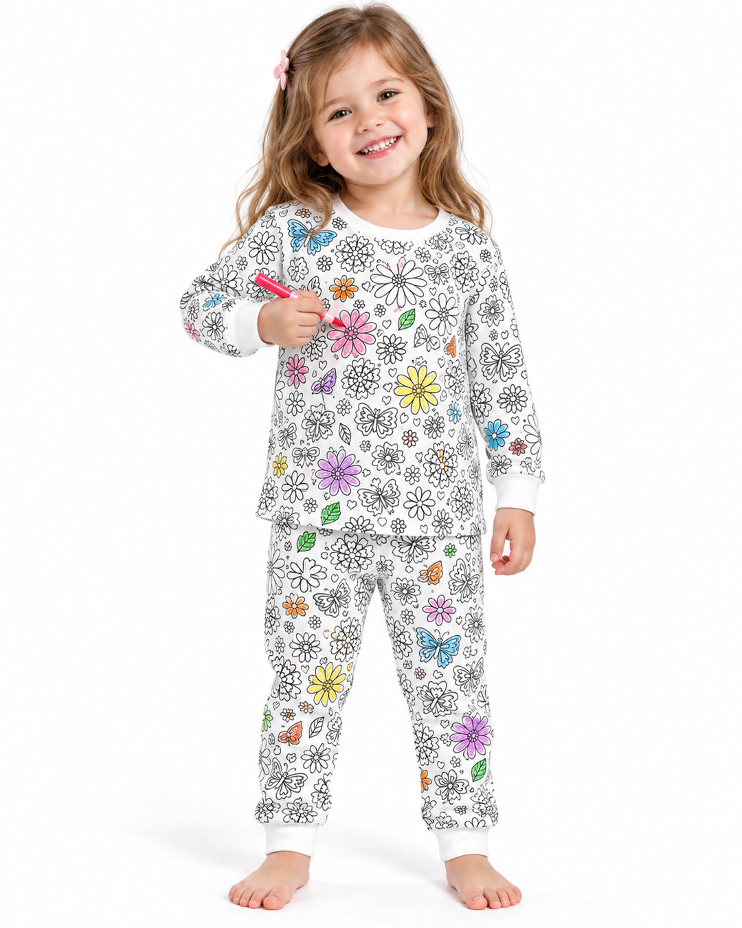 Conjunto de pijama de dos piezas de bambú coloreable con mariposas y flores
