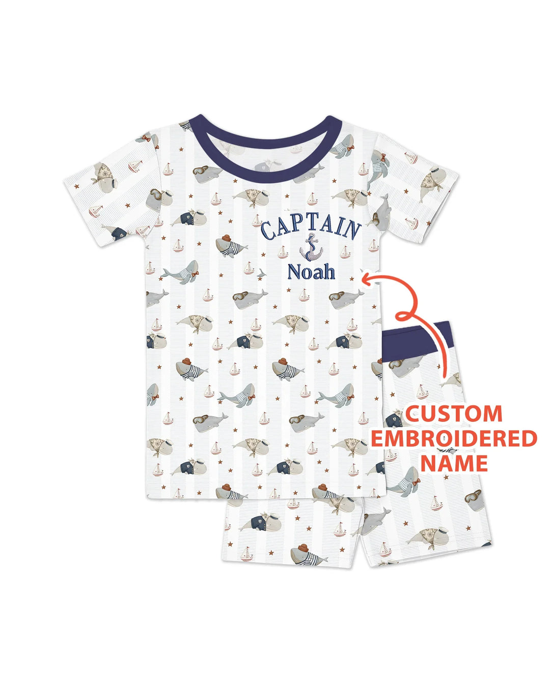 Custom Embroidered Name Little Captain of the Whale Crew Bamboo Two Piece Short Sleeve Shorts Pajama Set