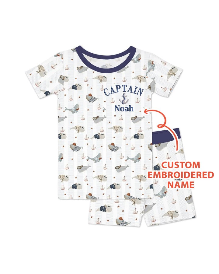 Custom Embroidered Name Little Captain of the Whale Crew Bamboo Two Piece Short Sleeve Shorts Pajama Set