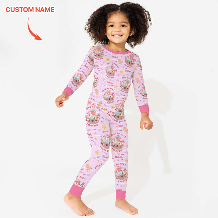 Noah’s Ark Custom Name Girl Two Piece Long Sleeve Pajama Set