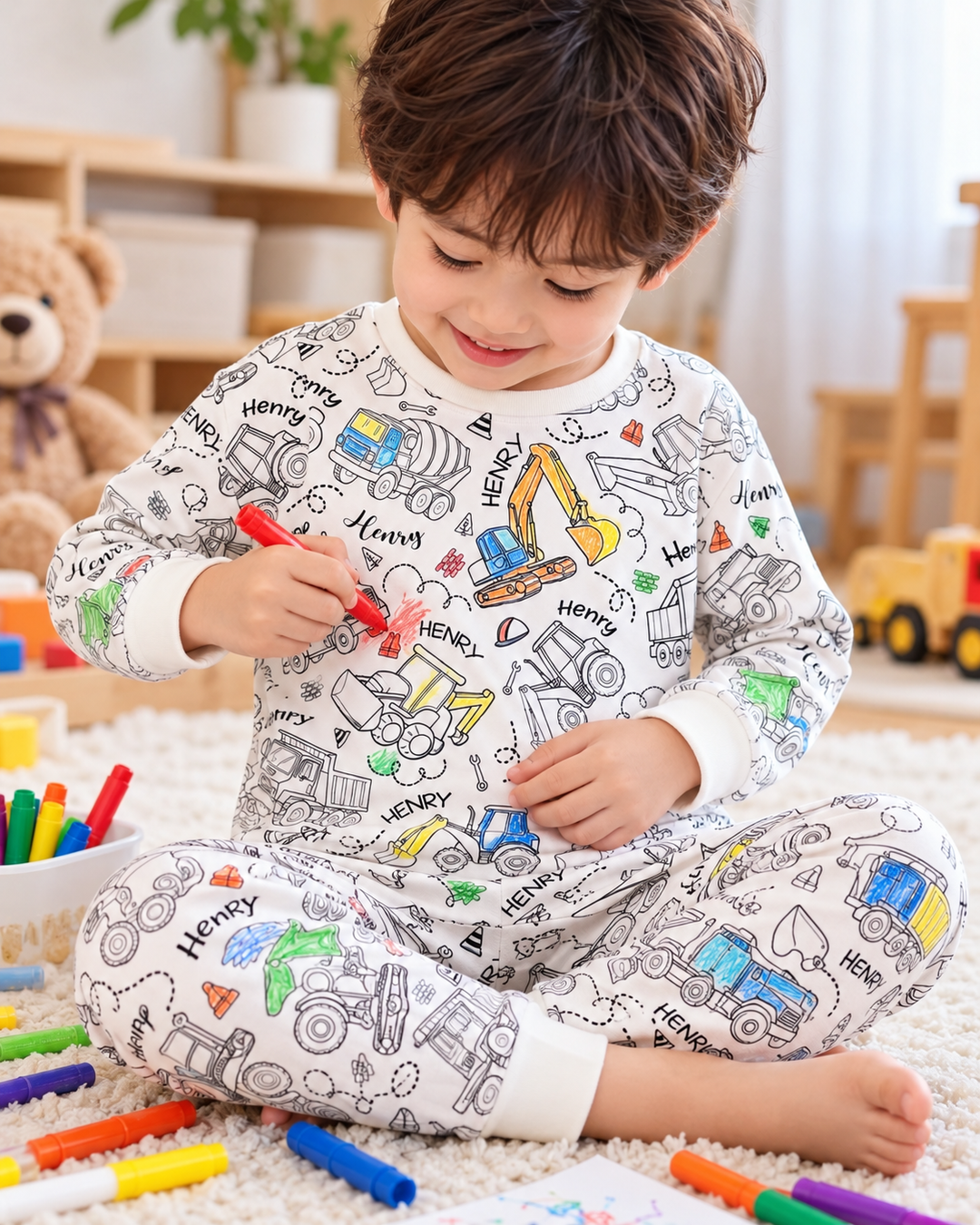 Construction Vehicules Custom Name Colorable Bamboo Two Piece Long Sleeve Pajama Set