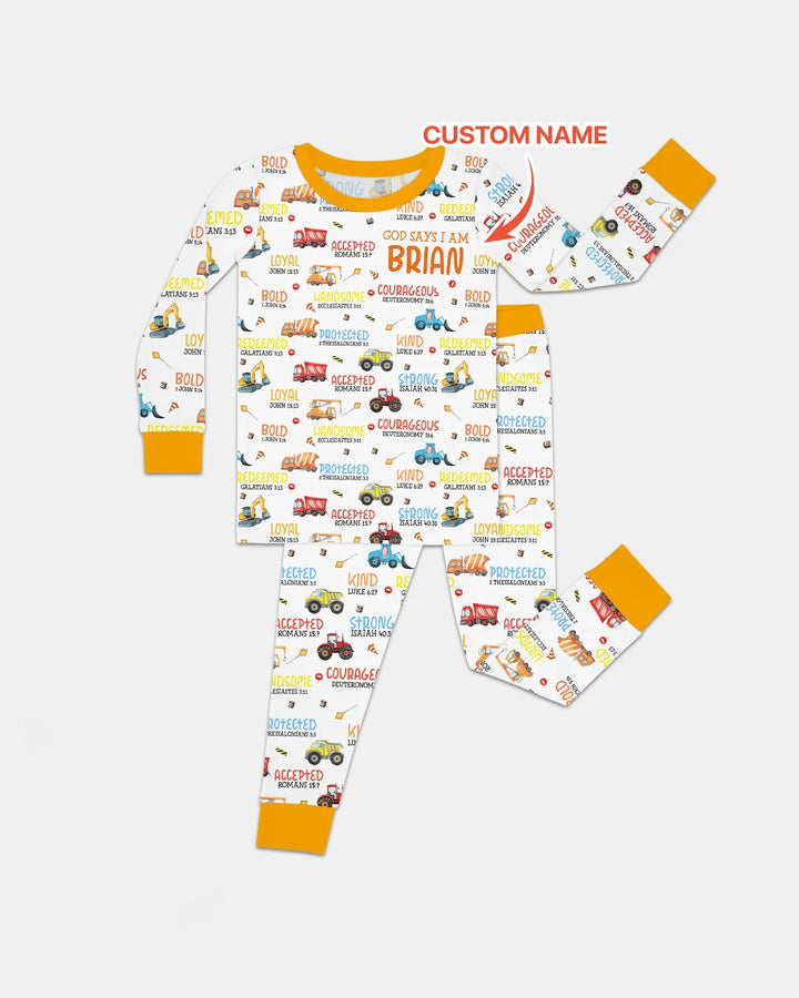 Personalized God Says I Am Little Builder Two Piece Long Sleeve Pajama Set