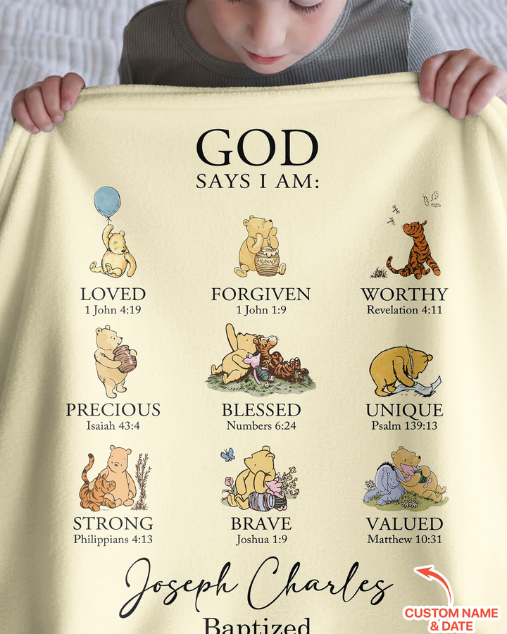 Personalized Baptism Classic Bear Bible Verses Bamboo Blanket