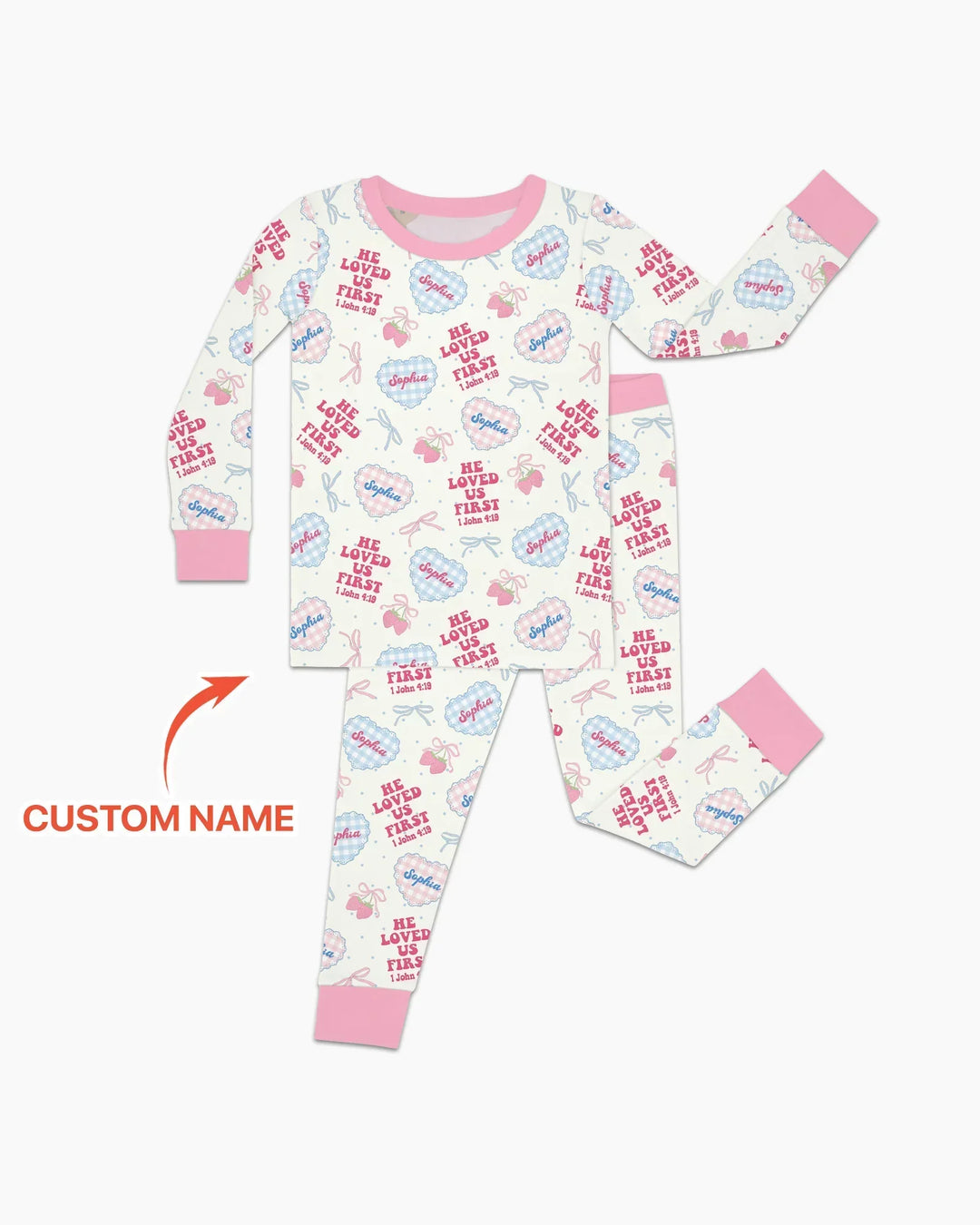 He Loved Us First Custom Name Bamboo Two Piece Long Sleeve Pajama Set