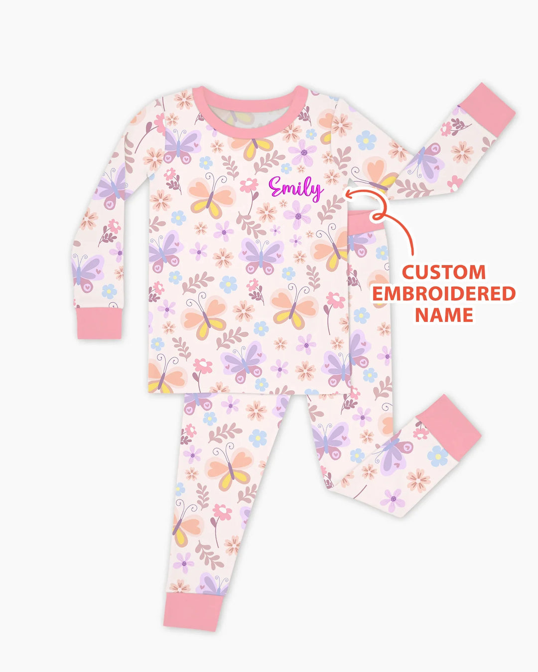 Custom Embroidered Name Butterfly Bamboo Two Piece Long Sleeve Pajama Set