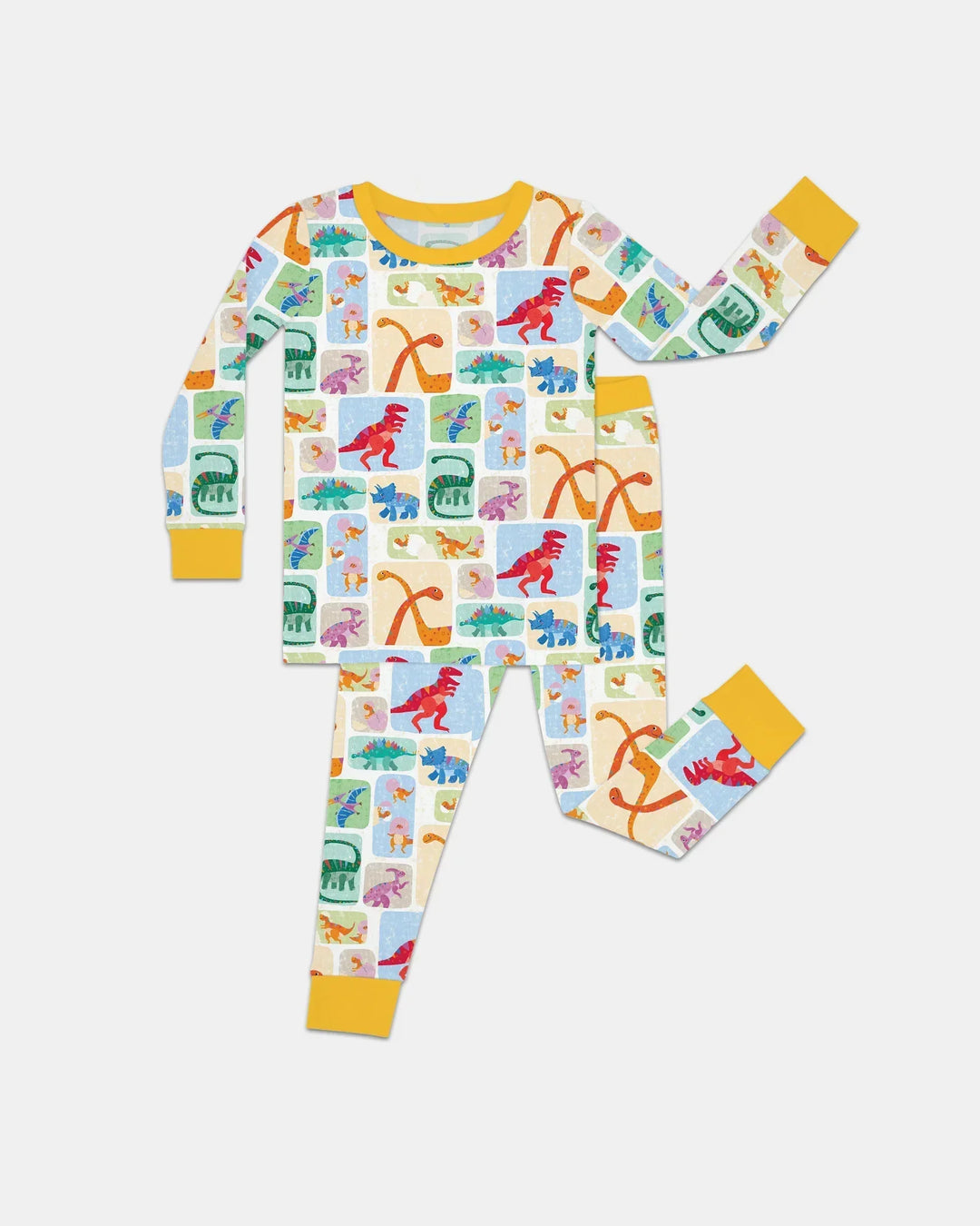 Pijama de dos piezas de bambú de manga larga Rainbow Dino Friends a juego para toda la familia