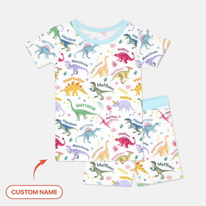 Dino Roar Custom Name Two Piece Short Sleeve Shorts Pajama Set
