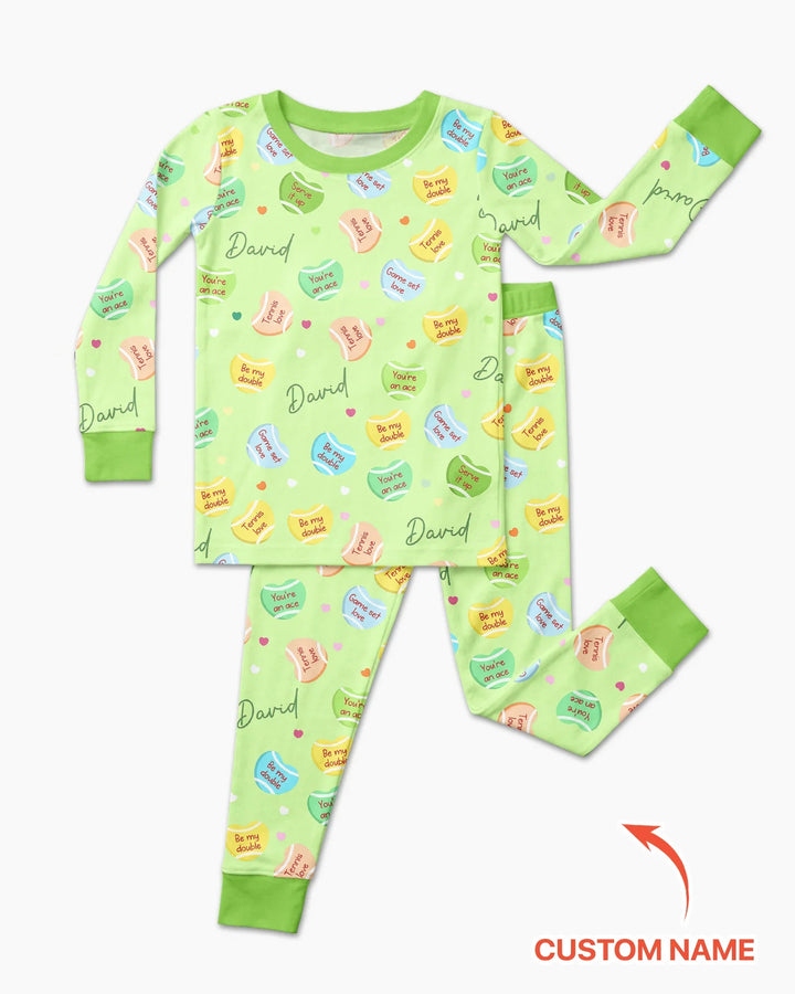 Custom Name Tennis Candy Hearts Bamboo Two Piece Long Sleeve Pajama Set