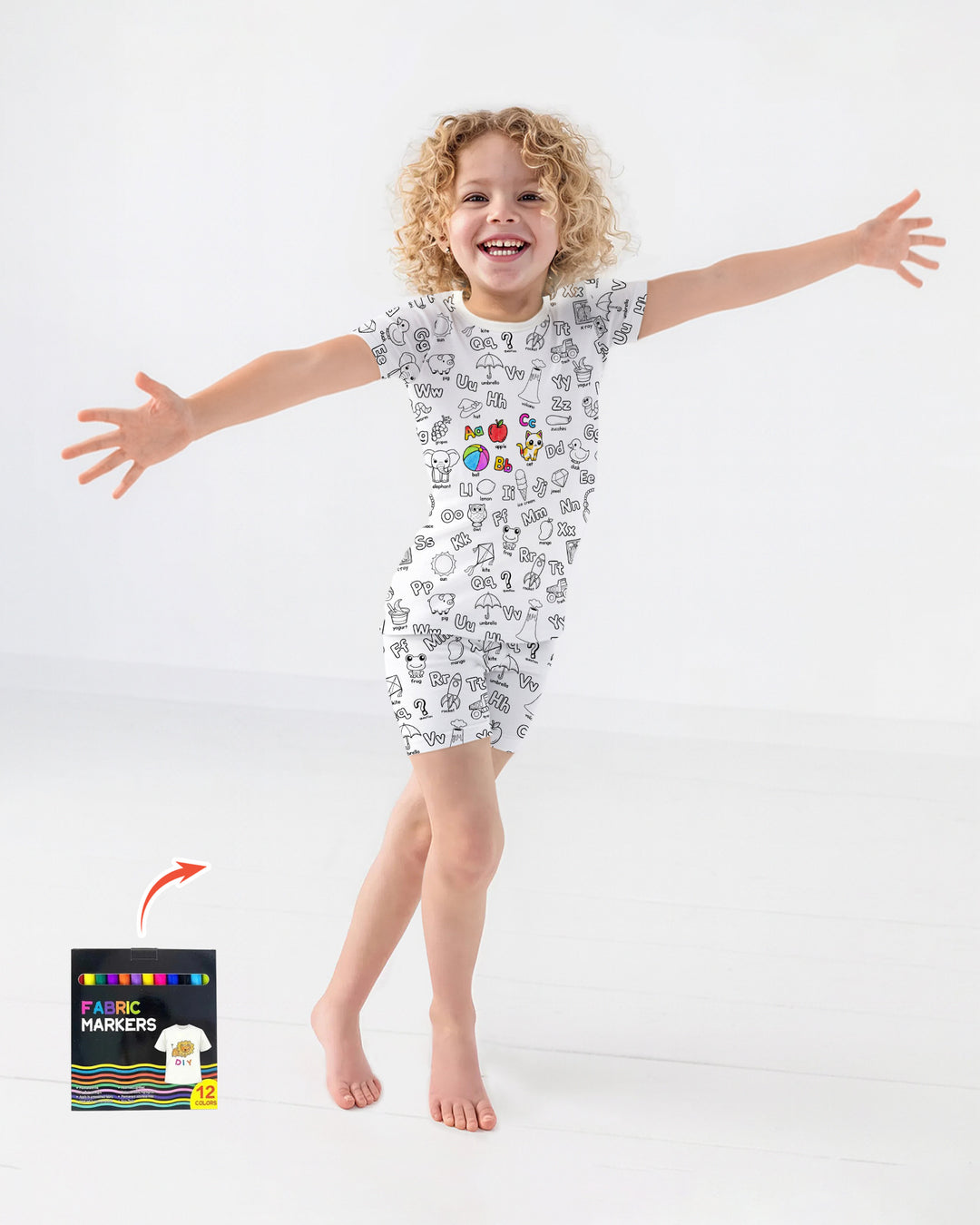 All Colorable Alphabet Two Piece Short Sleeve Shorts Pajama Set