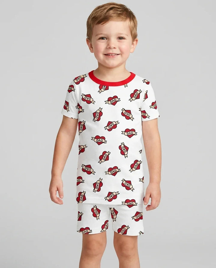 Old School Dad Hearts Daddy & Me Matching Bamboo Two Piece Short Sleeve Shorts Pajama Set