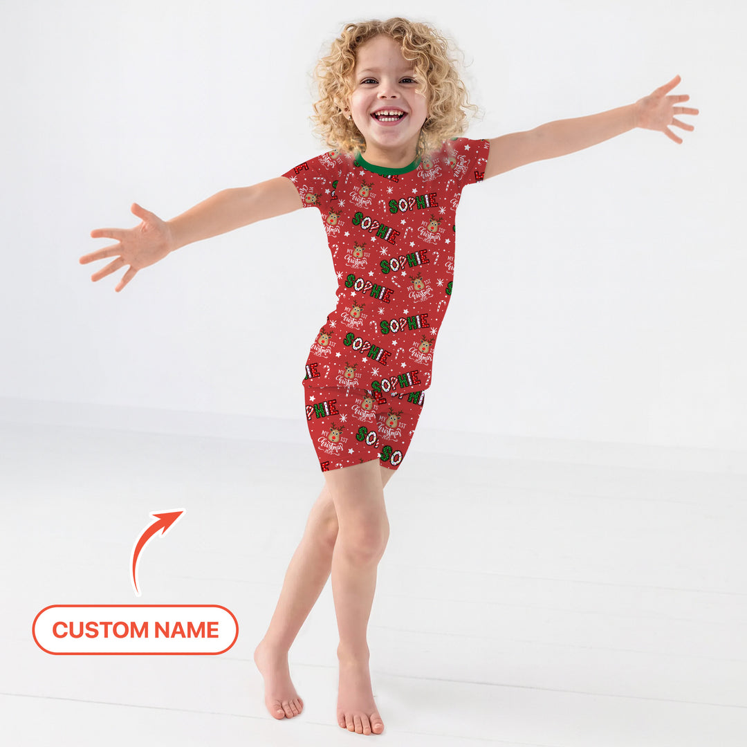 Custom Name "My First Christmas 2025" Two Piece Short Sleeve Shorts Pajama Set , Custom Name "My First Christmas 2025" Two Piece Short Sleeve Shorts Pajama Set - 12-18M