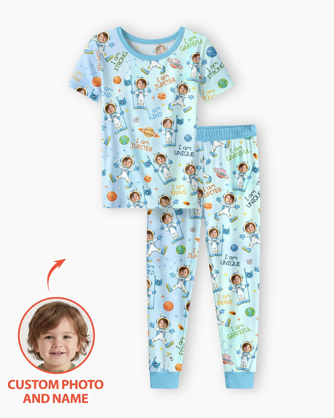 Custom Photo Kid Affirmations I Am Kind Astronaut Bamboo Two Piece Short Sleeve Shorts Pajama Set