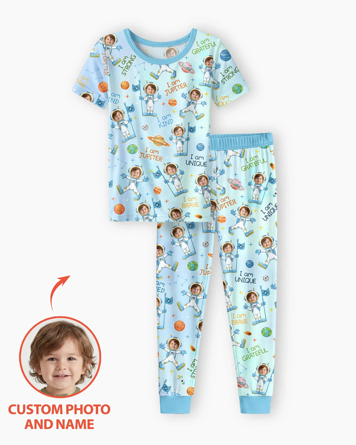 Custom Photo Kid Affirmations I Am Kind Astronaut Bamboo Two Piece Short Sleeve Shorts Pajama Set