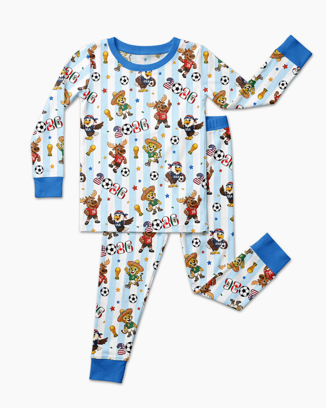Striped Cute Mascots Soccer Cup 2026 Bamboo Two Piece Long Sleeve Pajama Set