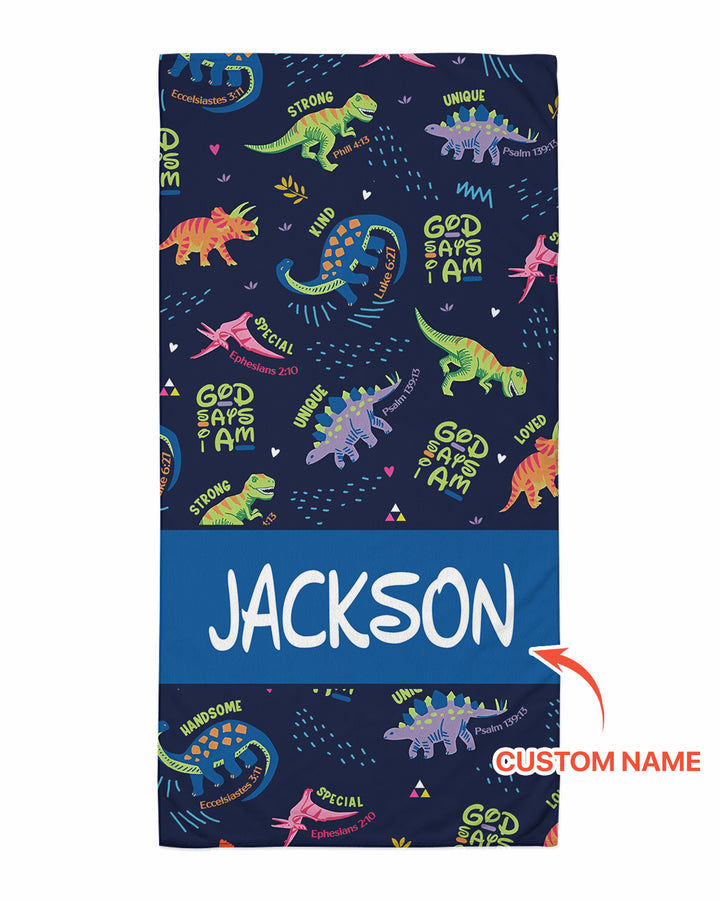 Custom Name God Says I Am Dinosaur Beach Towel