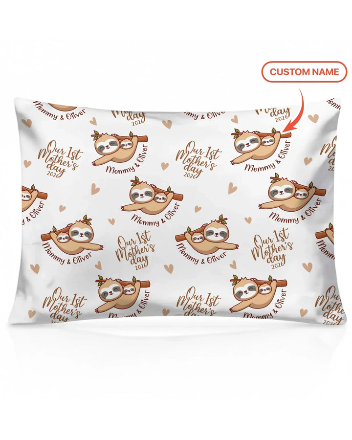 Custom Name Mama & Baby Sloth – Our First Mother’s Day 2026 Bamboo Pillow Case