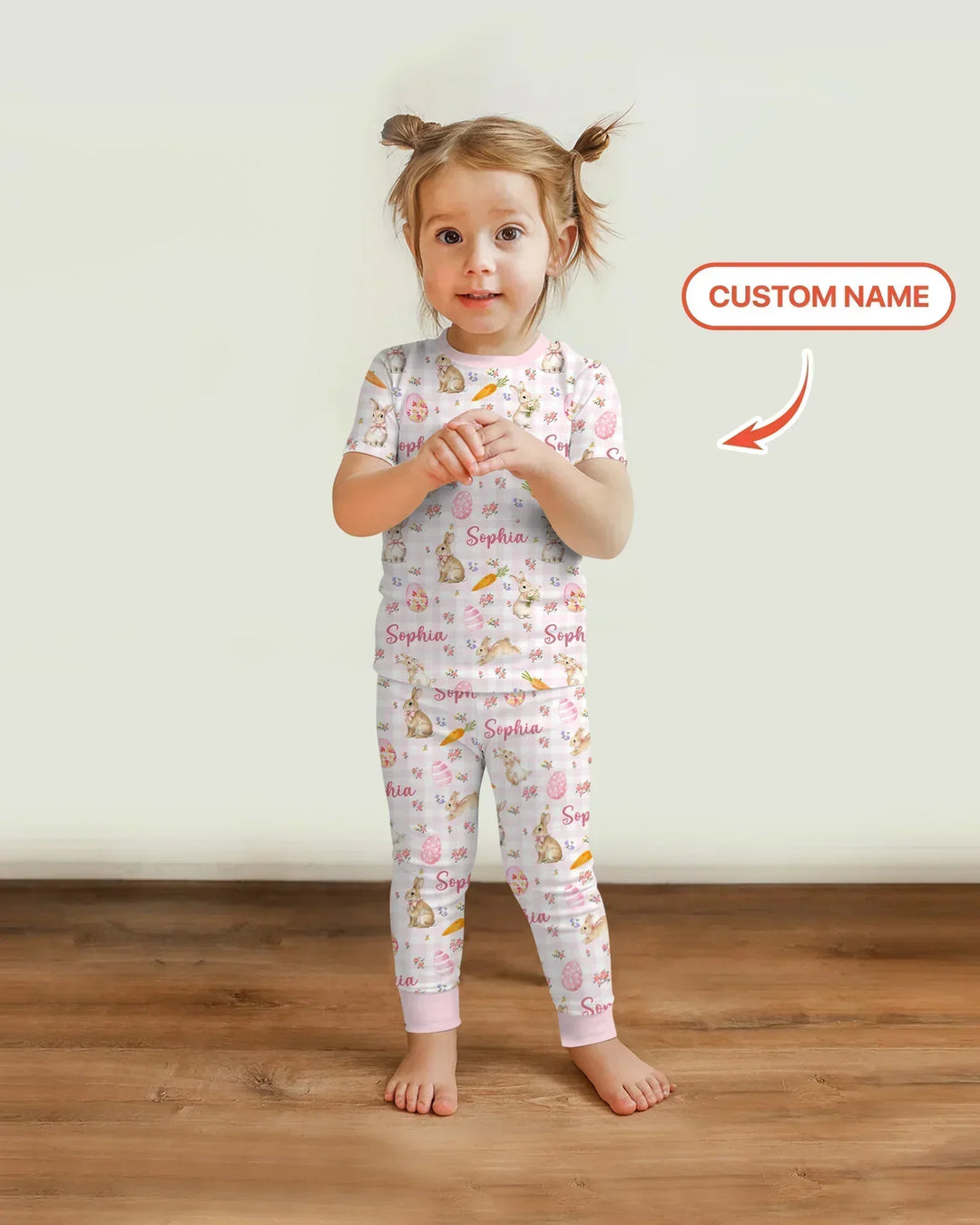 Custom Name Bunny Garden Two Piece Short Sleeve Pajama Set