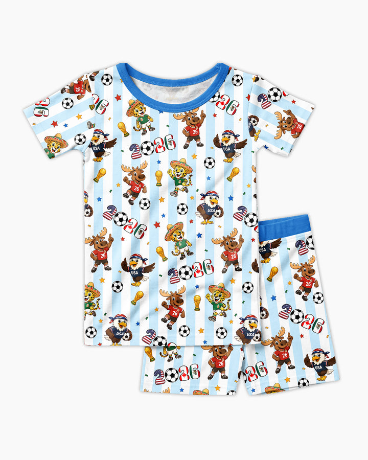 Striped Cute Mascots Soccer Cup 2026 Bamboo Two Piece Short Sleeve Shorts Pajama Set