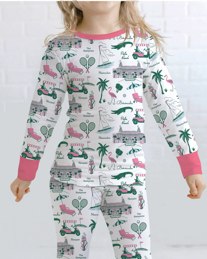 Conjunto de pijama de dos piezas de bambú de manga larga estilo Preppy Palm Getaway