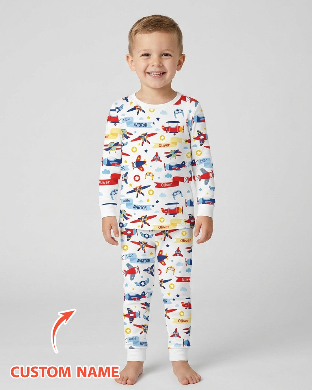 Our Little Aviator Custom Name Bamboo Two Piece Long Sleeve Pajama Set