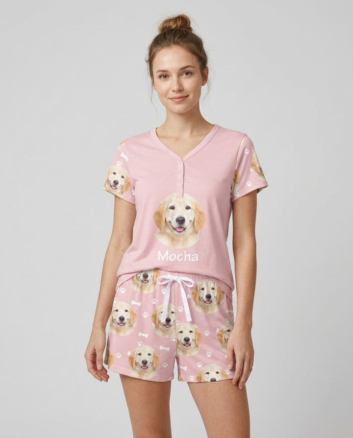Custom Photo Pet Faces Pajamas Bamboo Women Short Sleeve Short Pajama Set