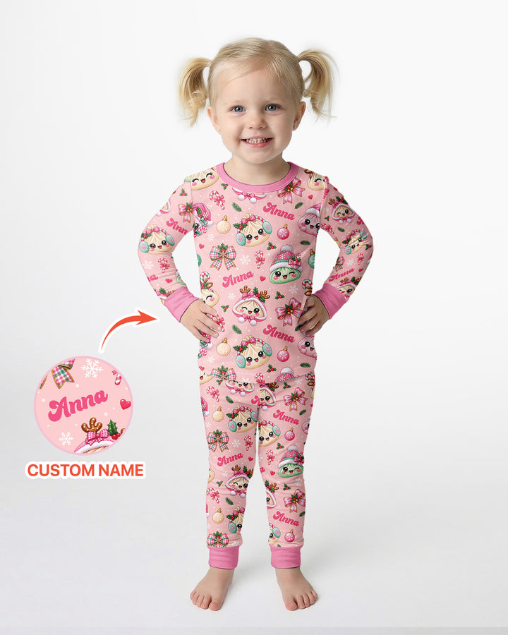Custom Name Kawaii Christmas Dumpling Bamboo Two Piece Long Sleeve Pajama Set