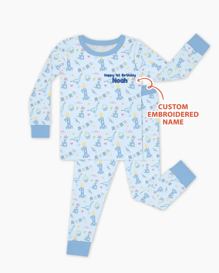 Conjunto de pijama de dos piezas de bambú bordado de manga larga para bebé con personalización de 1er cumpleaños para niño