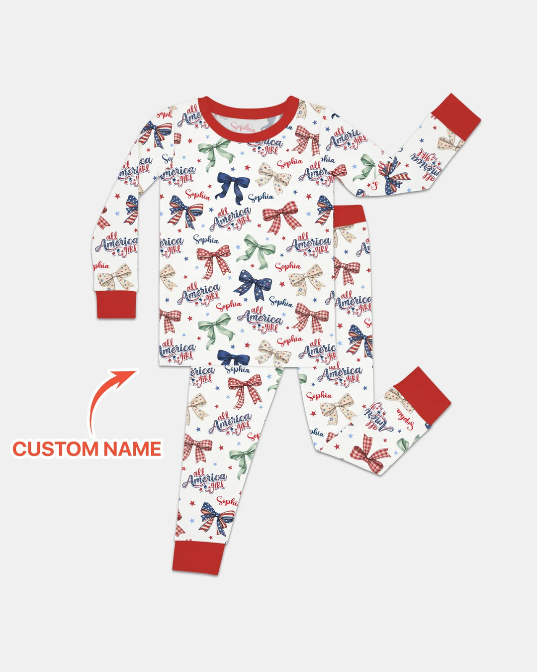 Custom Name All American Girl Bamboo Two Piece Long Sleeve Pajama Set