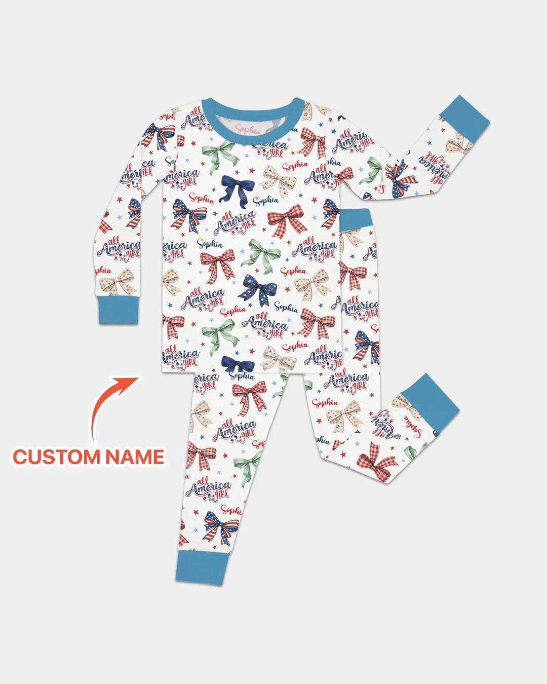 Custom Name All American Girl Bamboo Two Piece Long Sleeve Pajama Set