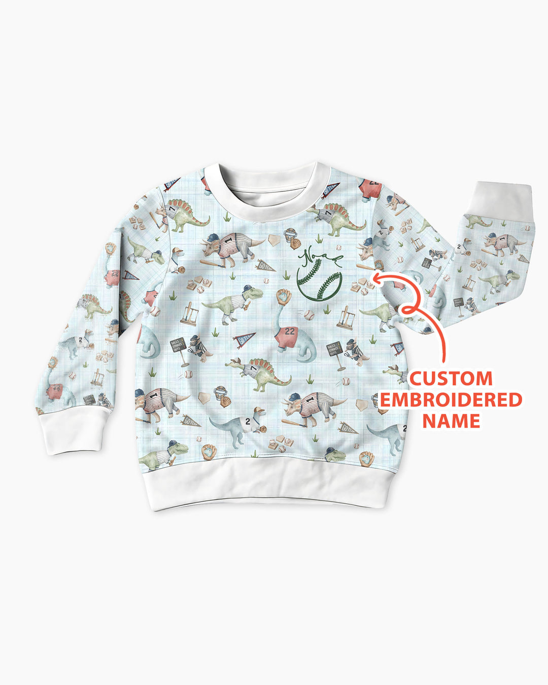 Custom Embroidered Dinosaurs Baseball  Bamboo Crewneck Sweatshirt