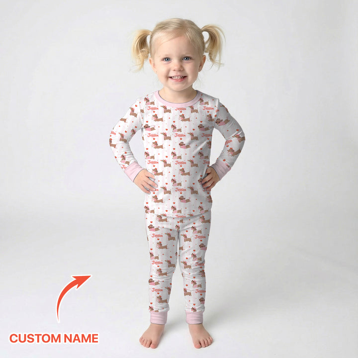 Custom Name Valentine Dachshund Family Matching Two Piece Long Sleeve Pajama Set