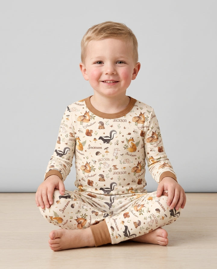 Custom Name Woodland Friends Bamboo Two Piece Long Sleeve Pajama Set
