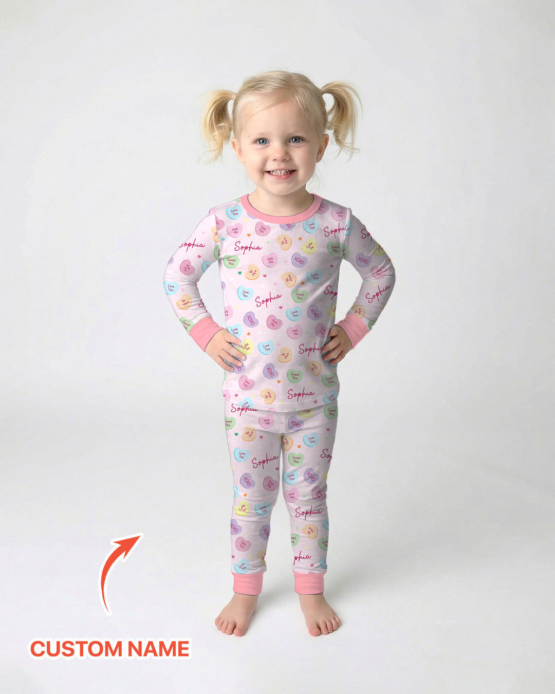 Custom Name Colorful Candy Hearts Family Matching Two Piece Long Sleeve Pajama Set