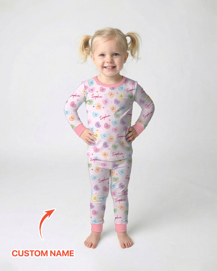 Custom Name Colorful Candy Hearts Family Matching Two Piece Long Sleeve Pajama Set