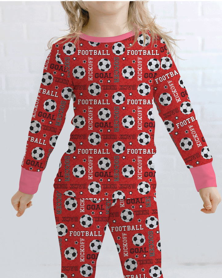 Red Soccer Ball Bamboo Two Piece Long Sleeve Pajama Set