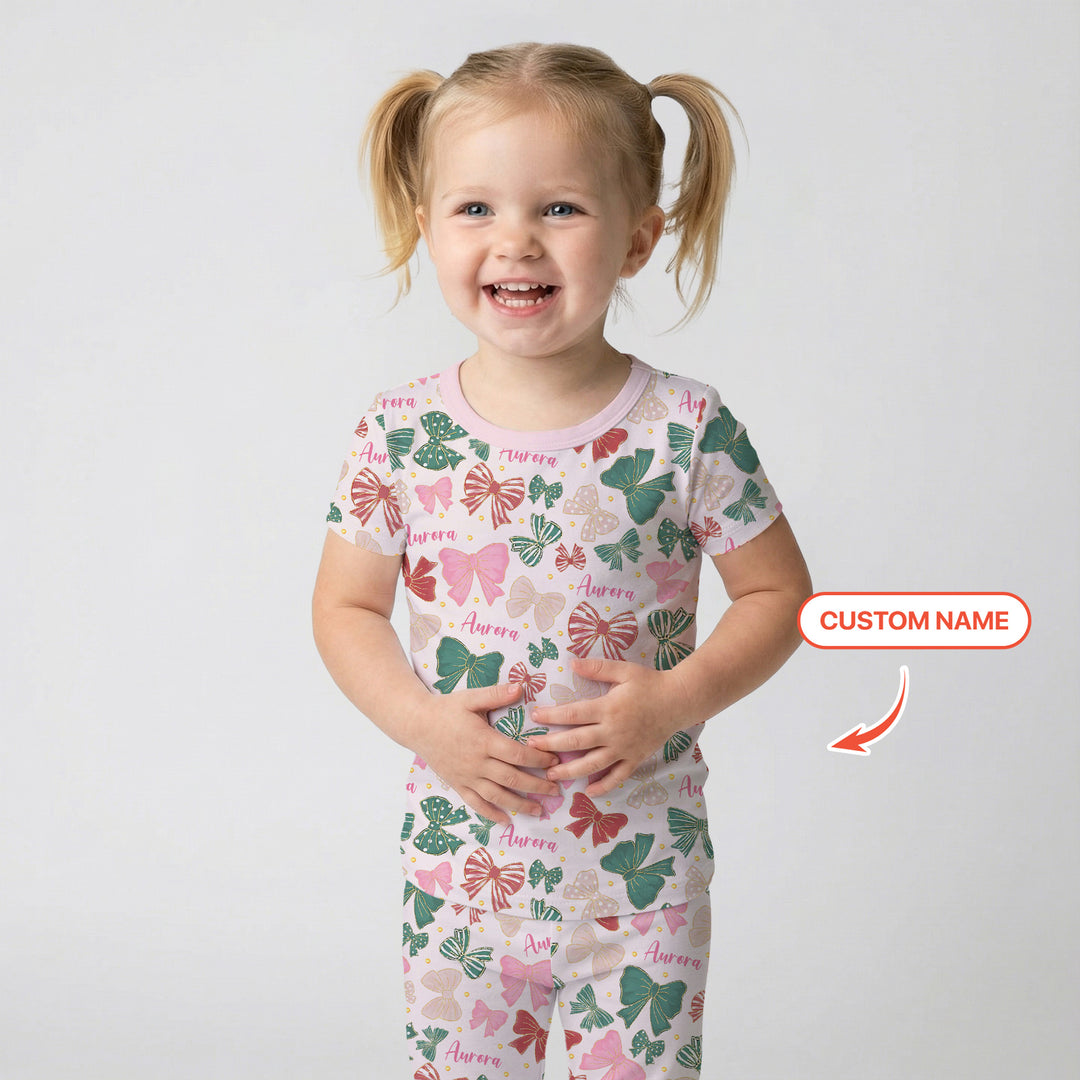 Custom Name Preppy Coquette Bows Two Piece Short Sleeve Pajama Set