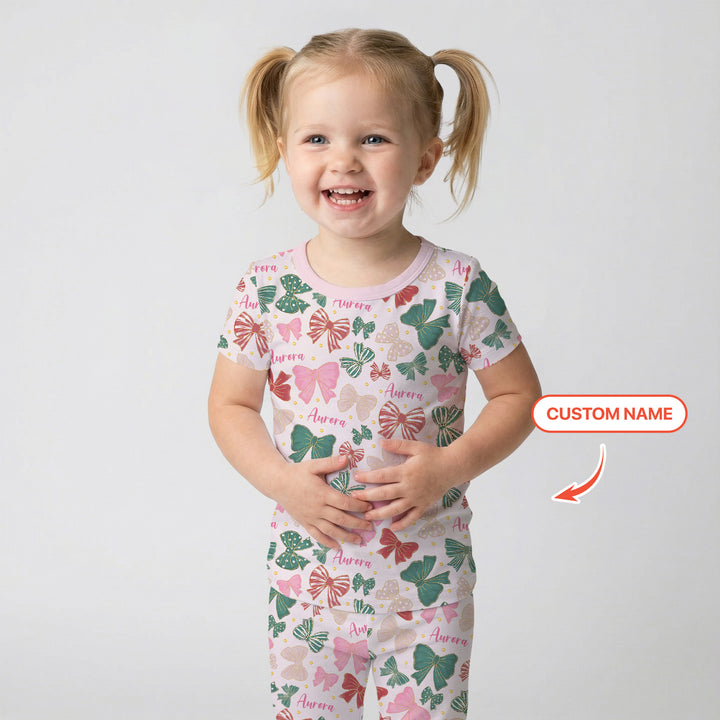 Custom Name Preppy Coquette Bows Two Piece Short Sleeve Pajama Set