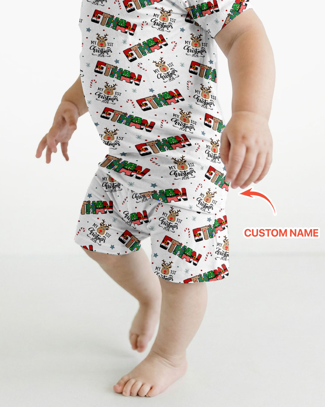Custom Name My First Christmas 2026 Bamboo Two Piece Short Sleeve Shorts Pajama Set (G)