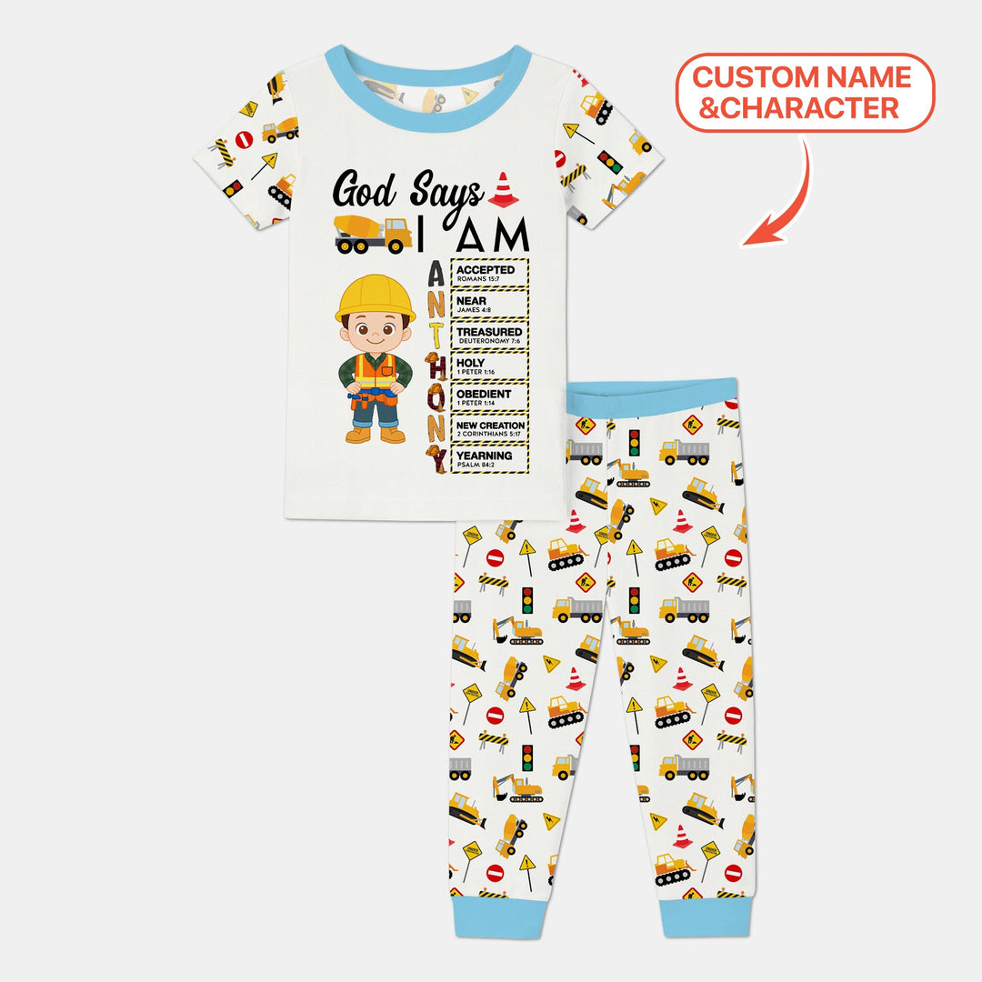 Custom Name God Says I Am Little Builder Letter in Bible Two Piece Short Sleeve Pajama Set