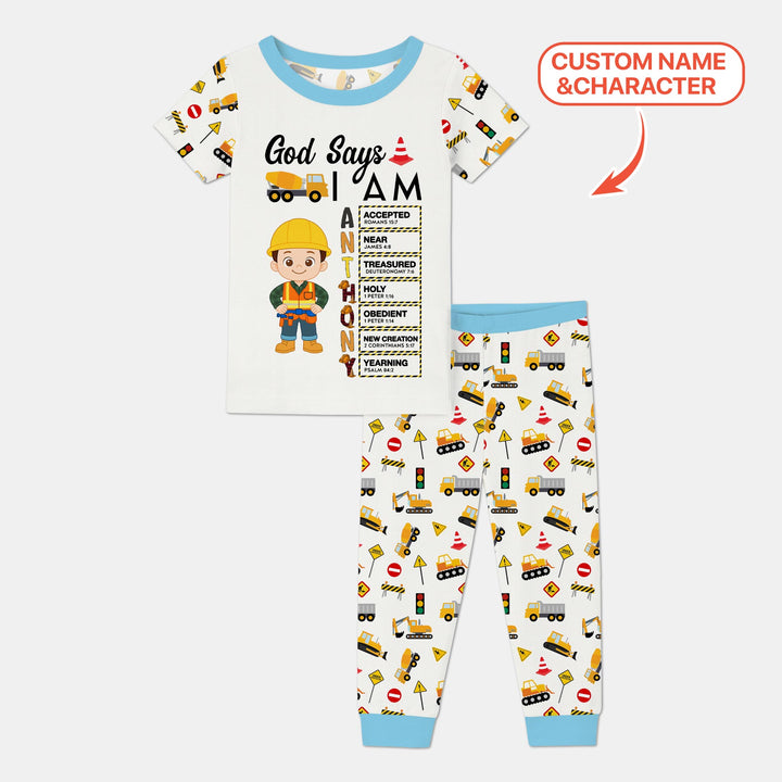 Custom Name God Says I Am Little Builder Letter in Bible Two Piece Short Sleeve Pajama Set