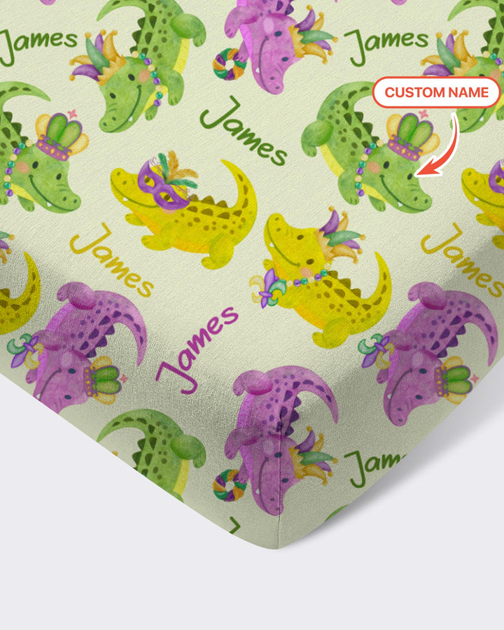 Custom Name Mardi Gras Alligator Fitted Crib Sheet
