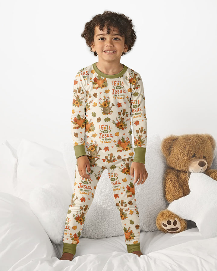 Fall For Jesus He Never Leaves Bamboo Two Piece Long Sleeve Pajama Set