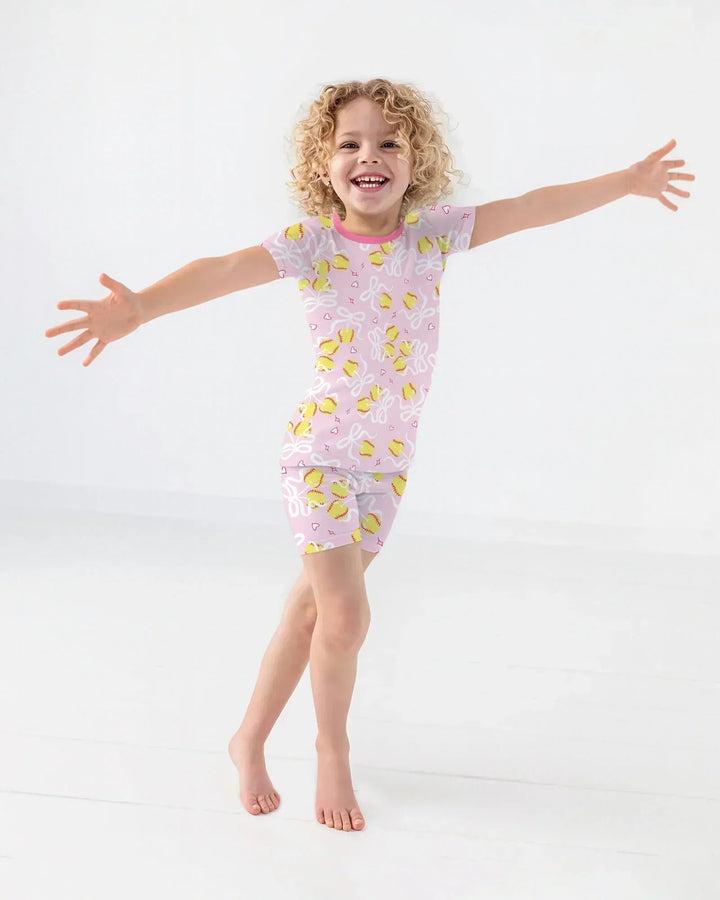 Softball Cherry Mom And Girl Matching Bamboo Two Piece Short Sleeve Shorts Pajama Set