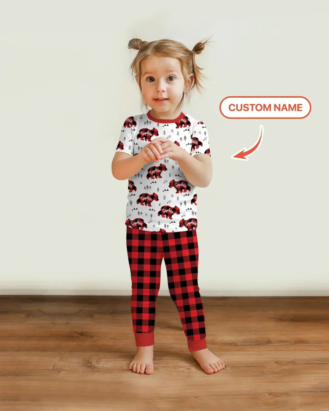 Pijama de dos piezas de bambú de manga corta a juego con osos de familia con nombre personalizado