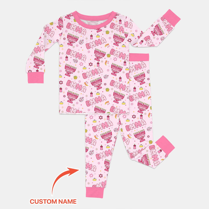 Custom name Happy Hanukkah 2025 Two Piece Long Sleeve Pajama Set
