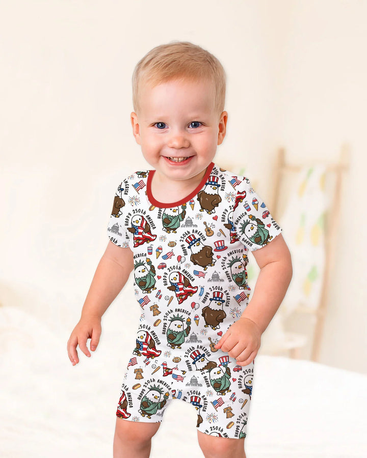 Happy 250th America Cute Patriotic Eagles Family Matching Bamboo Two Piece Short Sleeve Shorts Pajama Set